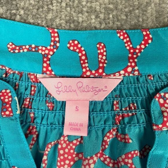 Lilly Pulitzer Women’s Small Elsa Top Blouse 100% Silk Coral Me Crazy Turquoise - Picture 4 of 7